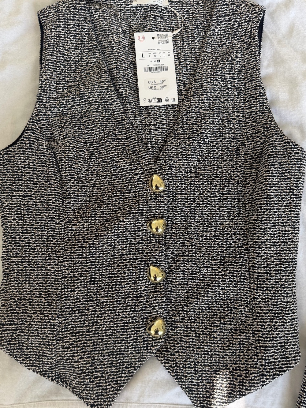 Zara NWT Textured Tweed Vest & Wide Leg Pants Set Black/White Gold Buttons